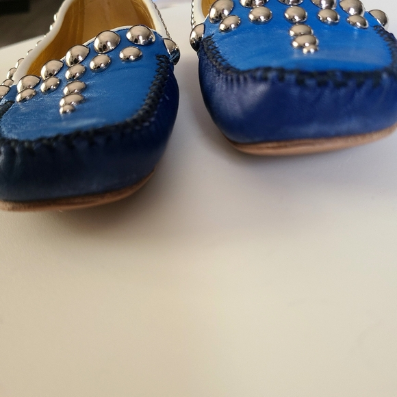PRADA Driving Moc Studded Silver Embellished Loafer Flat Royal Navy White 36 - Picture 4 of 10